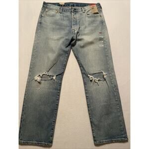 NWT Levis 501 Original Stretch Blue Jeans 36x30 Stone Wash Distressed Button Fly